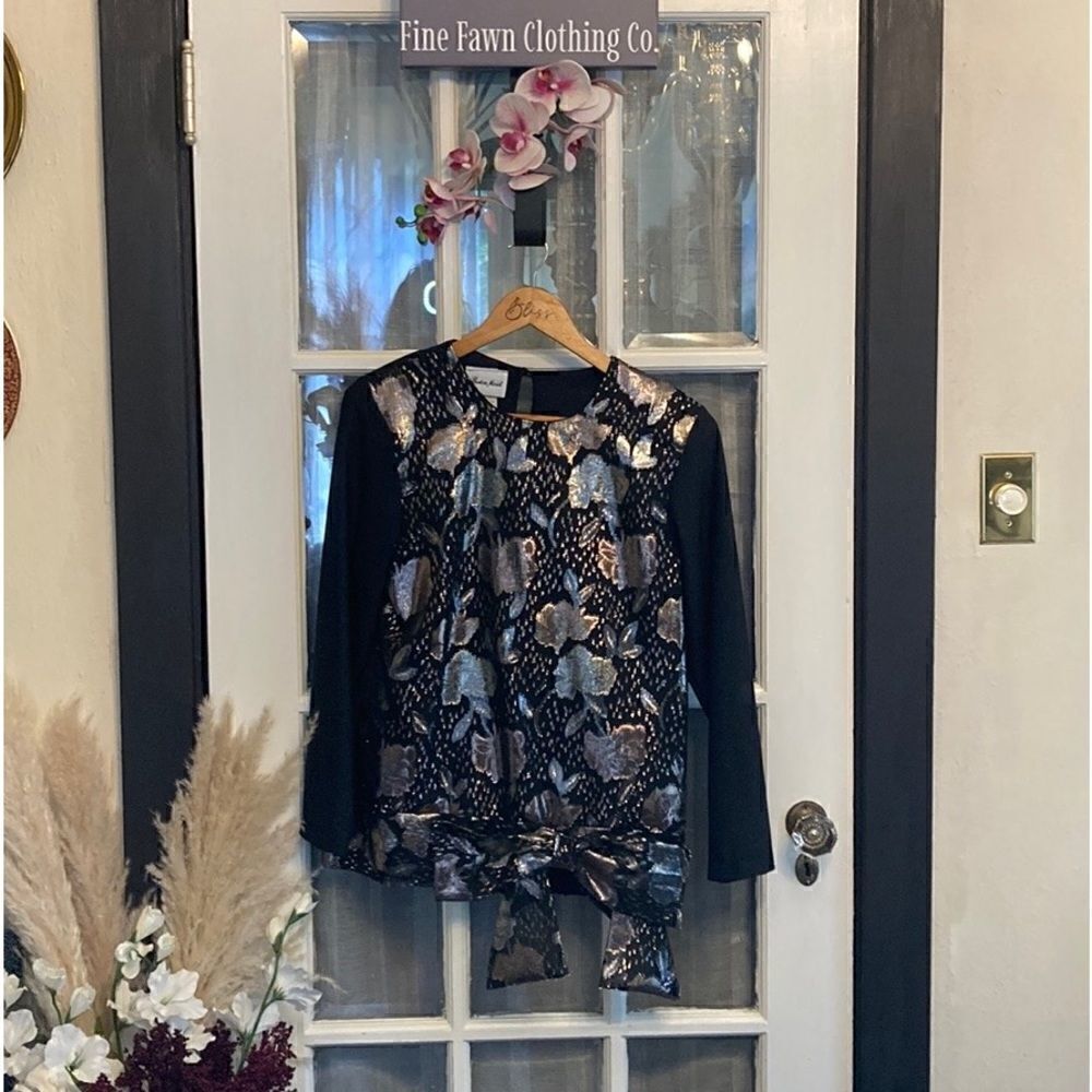 Vintage Metallic Silver and Gold Floral Bow Blouse